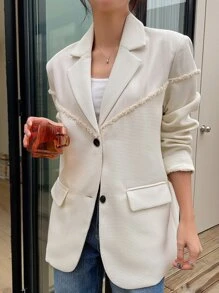 DAZY Ladies Fall Lapel Neck Long Sleeve Patchwork Fringe Trim Business Casual Blazer
