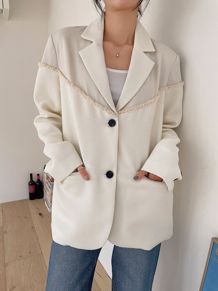 Ladies Fall Lapel Neck Long Sleeve Patchwork Fringe Trim Business Casual Blazer