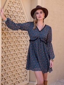 Rusttydustty 碎花燈籠袖褶邊洋裝 - 彩色 - 查看 4