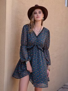 Rusttydustty 碎花燈籠袖褶邊洋裝 - 彩色 - 查看 5