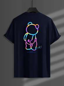 Manfinity EMRG 男士反光熊和標語圖案T恤 - 藏蓝色 - 查看 1