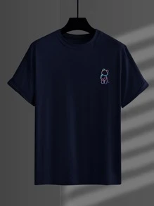 Manfinity EMRG 男士反光熊和標語圖案T恤 - 藏蓝色 - 查看 2