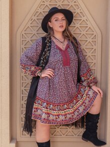 Rusttydustty Plus Ditsy Floral Print Lantern Sleeve Smock Dress Boho Clothing - Multicolor - View 6