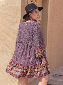 Rusttydustty Plus Ditsy Floral Print Lantern Sleeve Smock Dress Boho Clothing - Multicolor - View 2