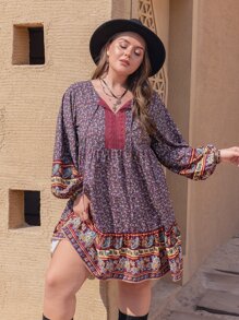 Rusttydustty Plus Ditsy Floral Print Lantern Sleeve Smock Dress Boho Clothing - Multicolor - View 1