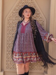 Rusttydustty Plus Ditsy Floral Print Lantern Sleeve Smock Dress Boho Clothing - Multicolor - View 4