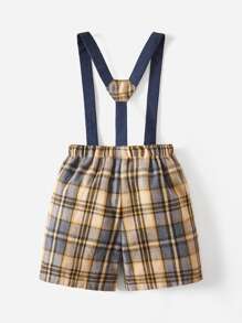 SHEIN 小男童格紋印花背帶短褲