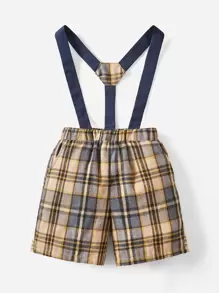 SHEIN 小男童格紋印花背帶短褲