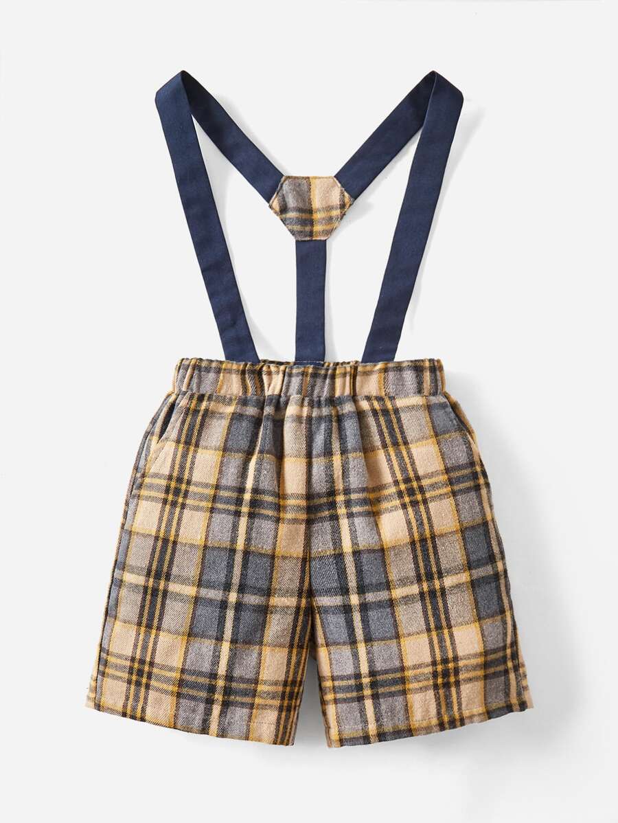 SHEIN 小男童格紋印花背帶短褲