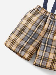 SHEIN 小男童格紋印花背帶短褲