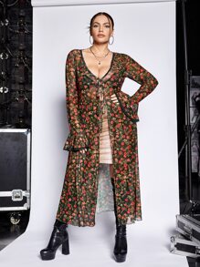 SHEIN ICON Plus Floral Print Flounce Sleeve Tie Front Mesh Top - Multicolor - View 1