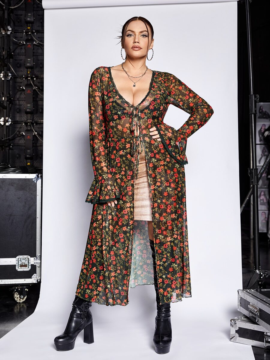 SHEIN ICON Plus Floral Print Flounce Sleeve Tie Front Mesh Top - Multicolor - View 1