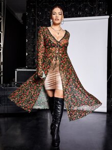 SHEIN ICON Plus Floral Print Flounce Sleeve Tie Front Mesh Top - Multicolor - View 4