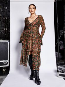 SHEIN ICON Plus Floral Print Flounce Sleeve Tie Front Mesh Top - Multicolor - View 5