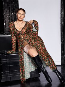 SHEIN ICON Plus Floral Print Flounce Sleeve Tie Front Mesh Top - Multicolor - View 6