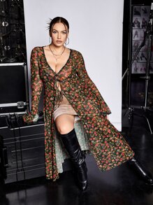 SHEIN ICON Plus Floral Print Flounce Sleeve Tie Front Mesh Top - Multicolor - View 8