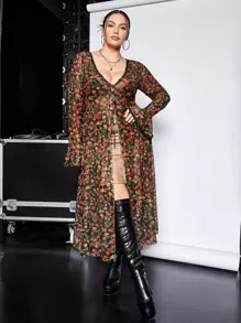 SHEIN ICON Plus Floral Print Flounce Sleeve Tie Front Mesh Top - Multicolor - View 9