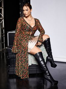SHEIN ICON Plus Floral Print Flounce Sleeve Tie Front Mesh Top - Multicolor - View 10