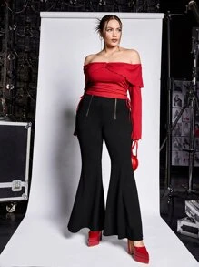 SHEIN ICON Plus Zip Detail Flare Leg Trousers - Black - View 1