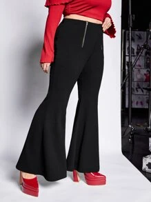 SHEIN ICON Plus Zip Detail Flare Leg Trousers - Black - View 3