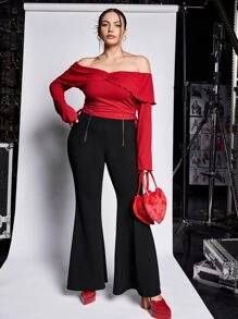 SHEIN ICON Plus Zip Detail Flare Leg Trousers - Black - View 4