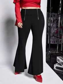 SHEIN ICON Plus Zip Detail Flare Leg Trousers - Black - View 7