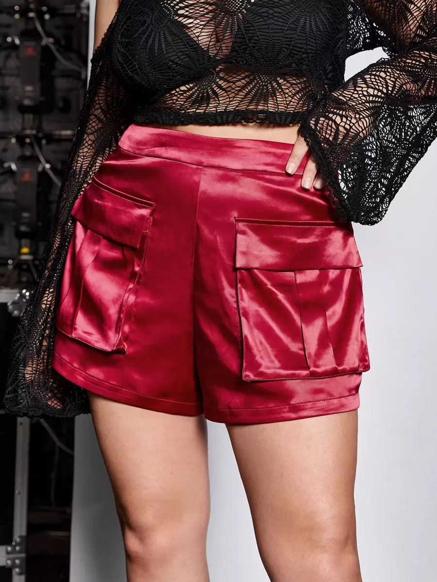 SHEIN ICON Quần Short kích thước lớn Túi Dây kéo màu trơn Thanh lịch - Màu Đỏ Sâu - Xem 1