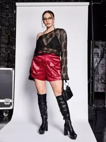 SHEIN ICON Quần Short kích thước lớn Túi Dây kéo màu trơn Thanh lịch - Màu Đỏ Sâu - Xem 4