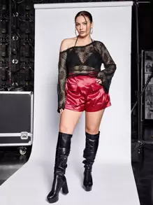 SHEIN ICON Quần Short kích thước lớn Túi Dây kéo màu trơn Thanh lịch - Màu Đỏ Sâu - Xem 5