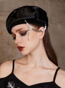ROMWE Faux Pearl Decor Beret - Black - View 1