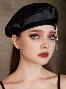 ROMWE Faux Pearl Decor Beret - Black - View 2
