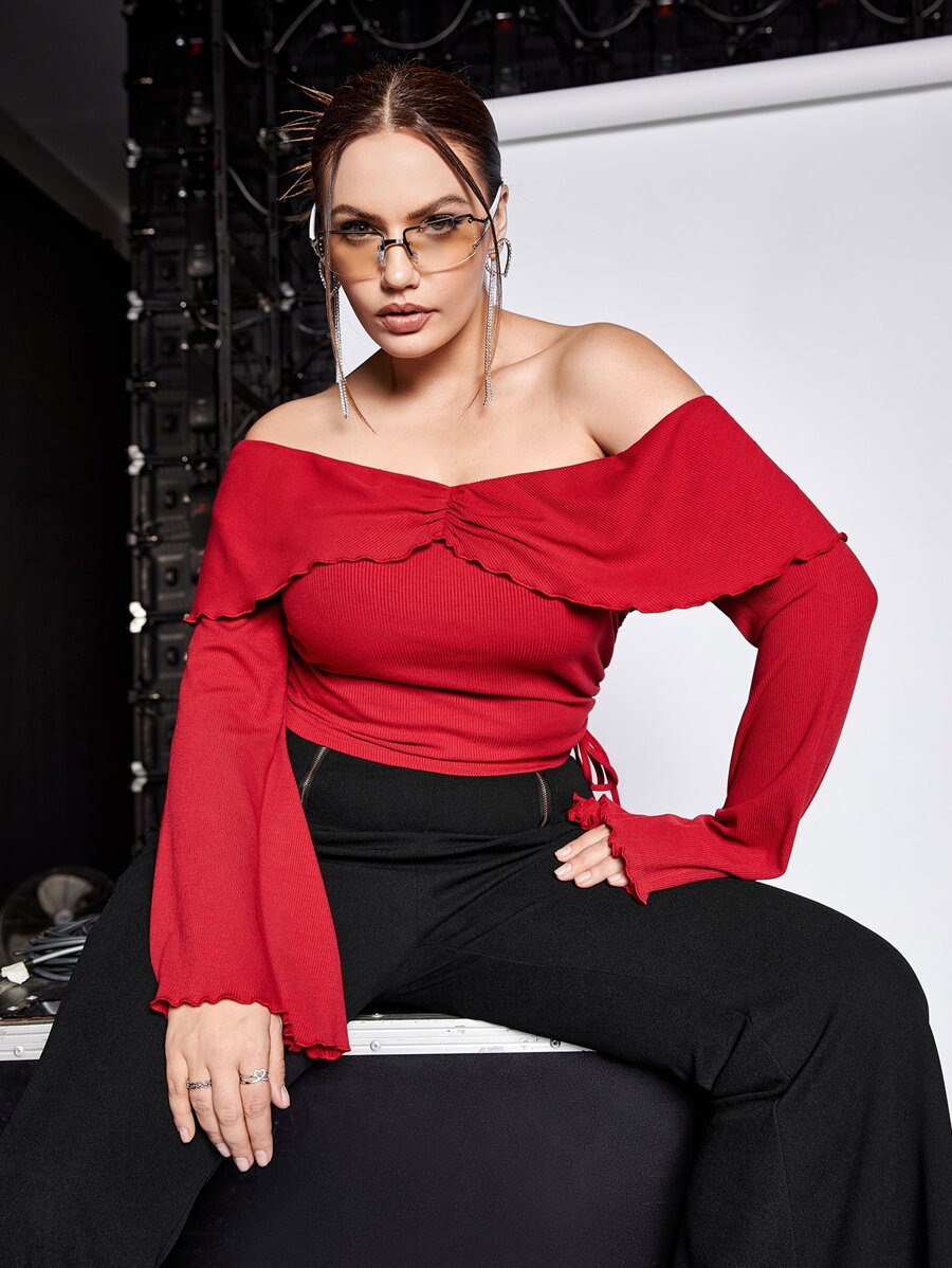 SHEIN ICON Plus Off Shoulder Ruffle Trim Drawstring Side Trumpet Sleeve Tee - Red - View 1