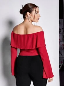 SHEIN ICON Plus Off Shoulder Ruffle Trim Drawstring Side Trumpet Sleeve Tee - Red - View 2