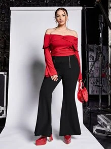 SHEIN ICON Plus Off Shoulder Ruffle Trim Drawstring Side Trumpet Sleeve Tee - Red - View 3