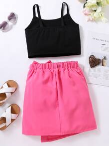 女孩字母圖案吊帶上衣和前蝴蝶結不對稱下擺半身裙