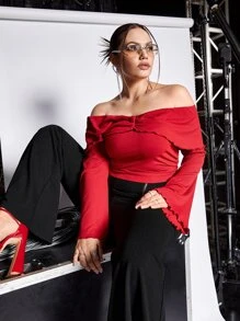 SHEIN ICON Plus Off Shoulder Ruffle Trim Drawstring Side Trumpet Sleeve Tee - Red - View 4