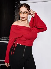 SHEIN ICON Plus Off Shoulder Ruffle Trim Drawstring Side Trumpet Sleeve Tee - Red - View 5