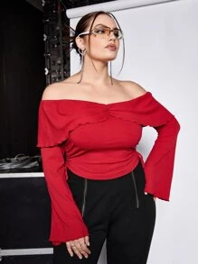 SHEIN ICON Plus Off Shoulder Ruffle Trim Drawstring Side Trumpet Sleeve Tee - Red - View 6