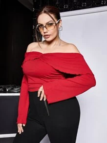 SHEIN ICON Plus Off Shoulder Ruffle Trim Drawstring Side Trumpet Sleeve Tee - Red - View 7