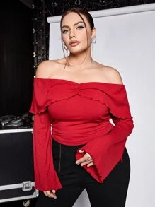 SHEIN ICON Plus Off Shoulder Ruffle Trim Drawstring Side Trumpet Sleeve Tee - Red - View 9