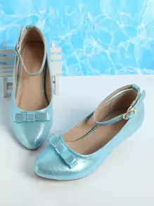 Girls Metallic Bow Decor Ankle Strap Flats - Blue - View 1