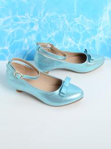 Girls Metallic Bow Decor Ankle Strap Flats - Blue - View 2