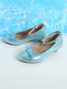 Girls Metallic Bow Decor Ankle Strap Flats - Blue - View 3