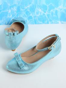 Girls Metallic Bow Decor Ankle Strap Flats - Blue - View 4
