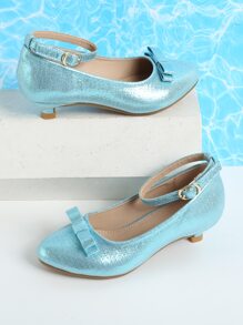 Girls Metallic Bow Decor Ankle Strap Flats - Blue - View 5