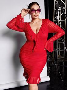 SHEIN ICON Vestido ajustado ribete con fruncido de manga con volante fruncido bajo con fruncido de malla - Rojo - Ver 1