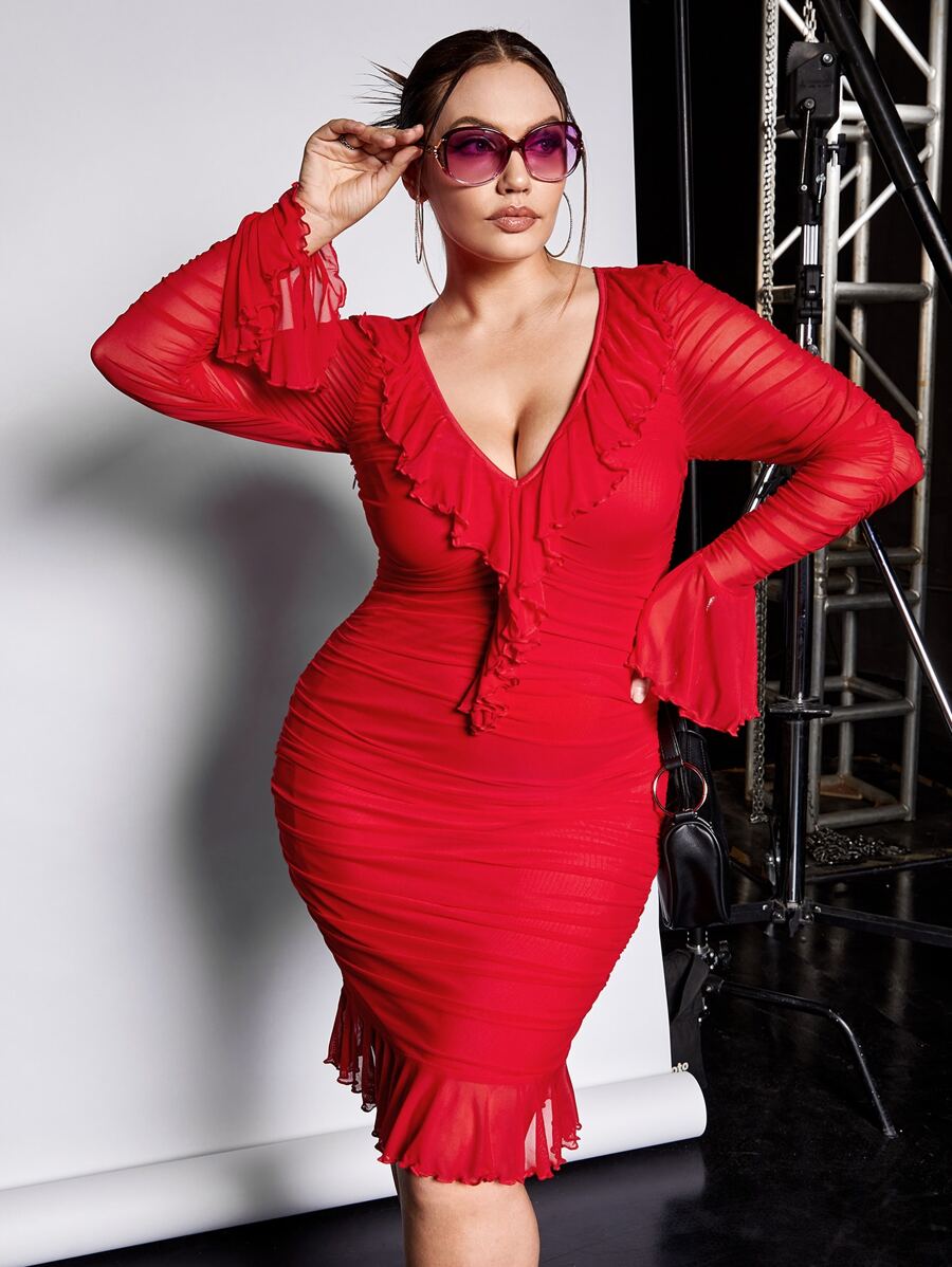 SHEIN ICON Vestido ajustado ribete con fruncido de manga con volante fruncido bajo con fruncido de malla - Rojo - Ver 1