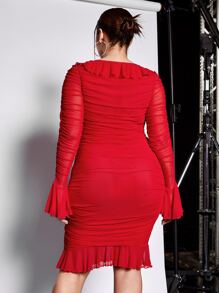 SHEIN ICON Vestido ajustado ribete con fruncido de manga con volante fruncido bajo con fruncido de malla - Rojo - Ver 2