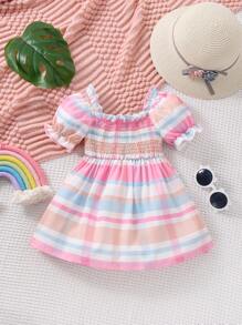 嬰兒格紋印花抽褶細節泡泡袖洋裝
