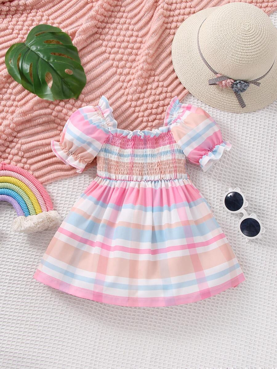 嬰兒格紋印花抽褶細節泡泡袖洋裝